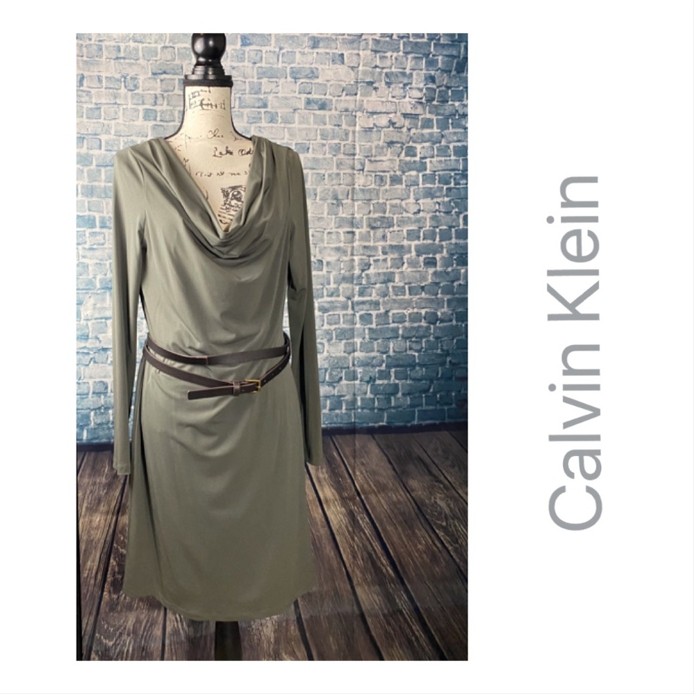 Calvin Klein 14 Green Split Cowl Neck Belted Dress